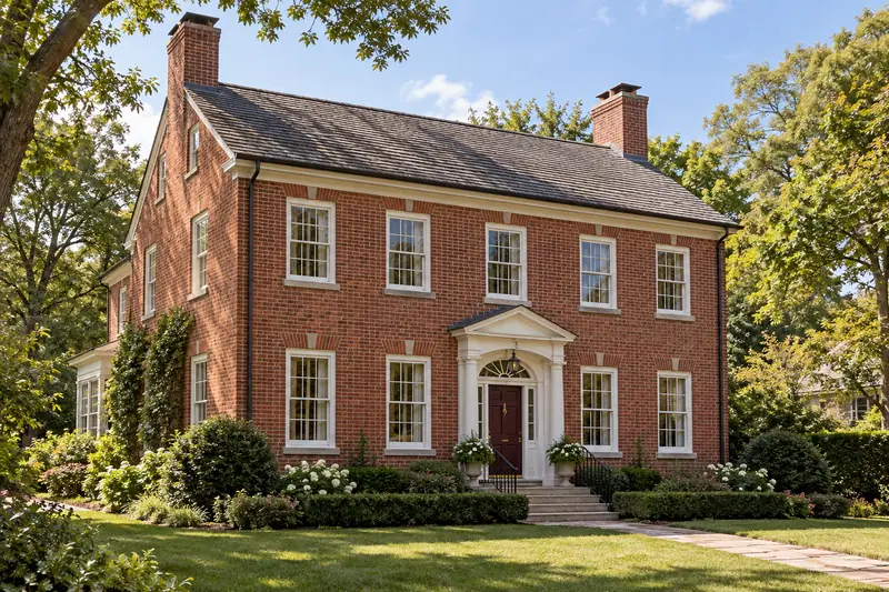 Illustration of a red-brick Colonial-style home with white trim and a garden