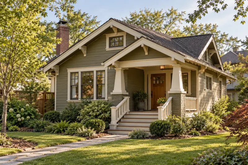 Illustration of an olive Craftsman cottage with exposed eaves and a covered porch