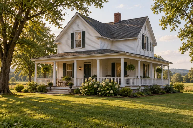 Illustration of a white clapboard farmhouse with a wraparound porch and a brick chimney
