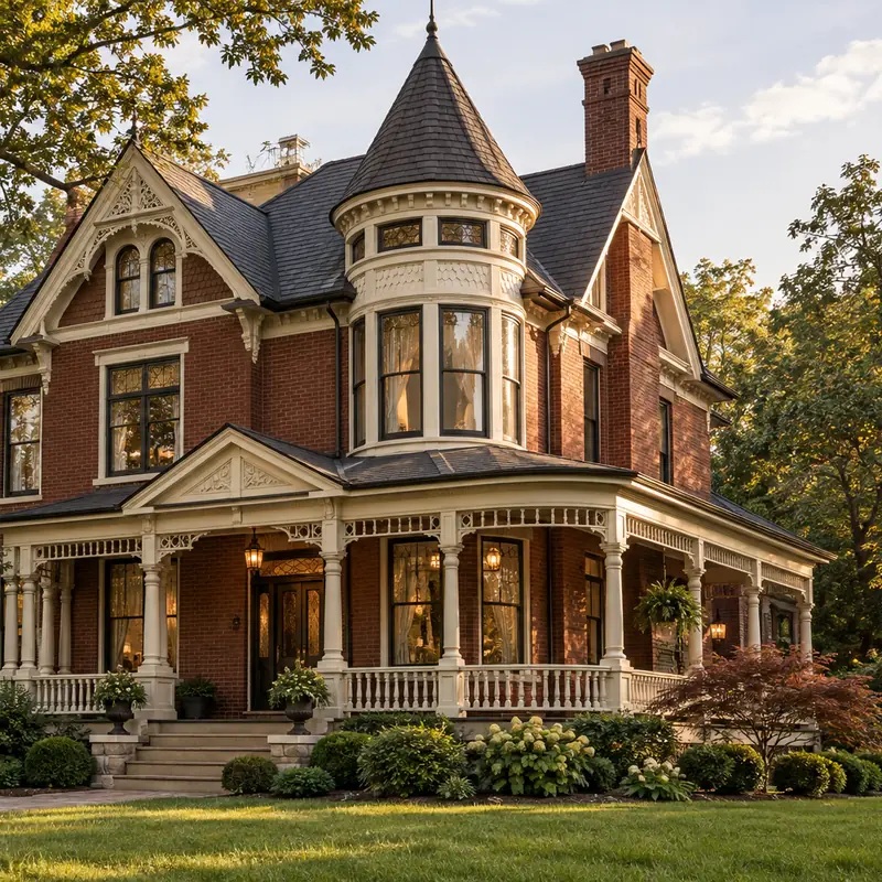 Illustration of a brick Victorian house with a turret, cream porch and mature trees