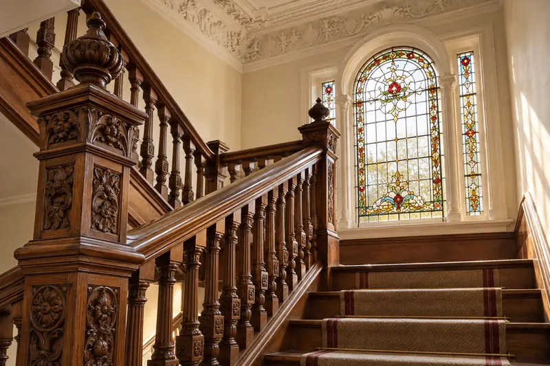 Illustration of a carved wooden staircase beside a stained-glass window and ornamental plaster